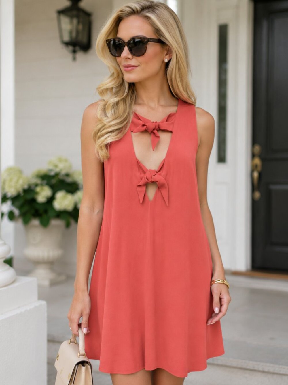💋 LN For Love & Lemons | Coral Double Tie Front Mini Dress | Extra Small